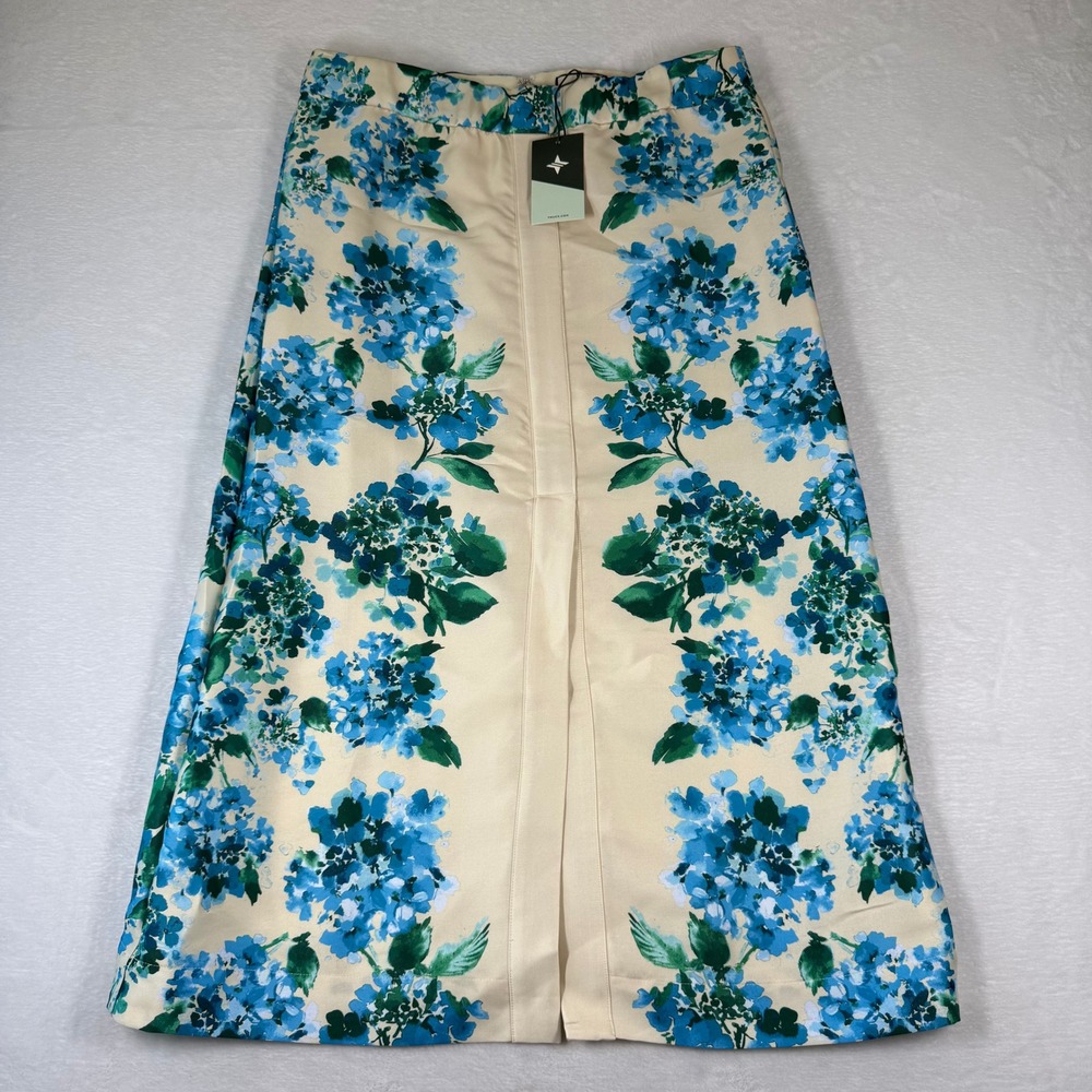 Tuckernuck Blue Hydrangea Floral A-Line Midi Skirt Cream Green High Waist NEW - Picture 1 of 12